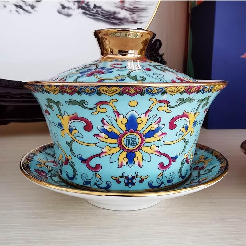 琺瑯彩陶瓷蓋碗禮品，景德鎮(zhèn)陶瓷蓋碗生產(chǎn)廠家