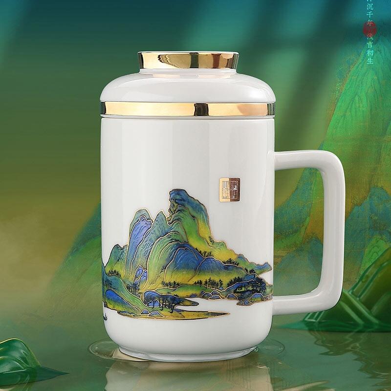 千里江山辦公杯禮裝，企業(yè)銀行單位答謝客戶陶瓷茶杯伴手禮套裝