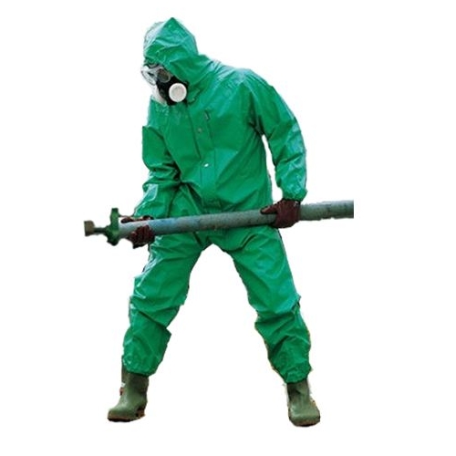 綠色PVC 帶襯化學(xué)防護(hù)服，連體防護(hù)服，輕型防化服，耐酸堿防化服，B級(jí)液體致密型化學(xué)防護(hù)服