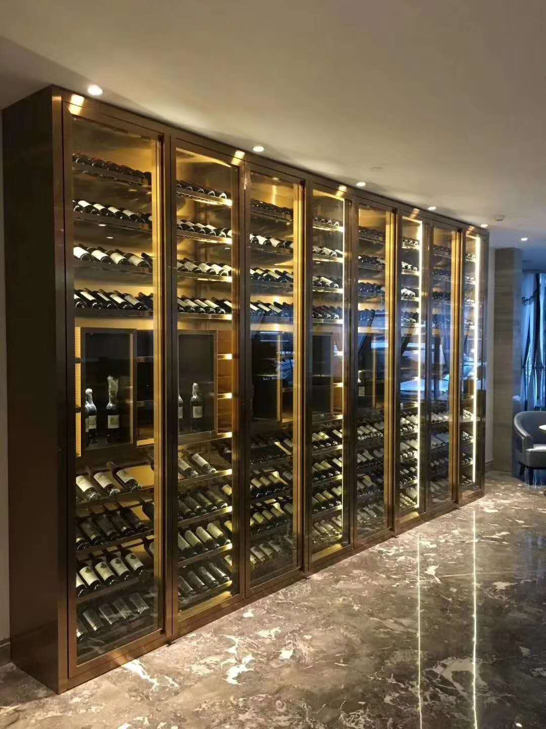定制亞克力現(xiàn)代高端不銹鋼恒溫紅酒柜儲藏白洋酒展柜酒窖設計廠家
