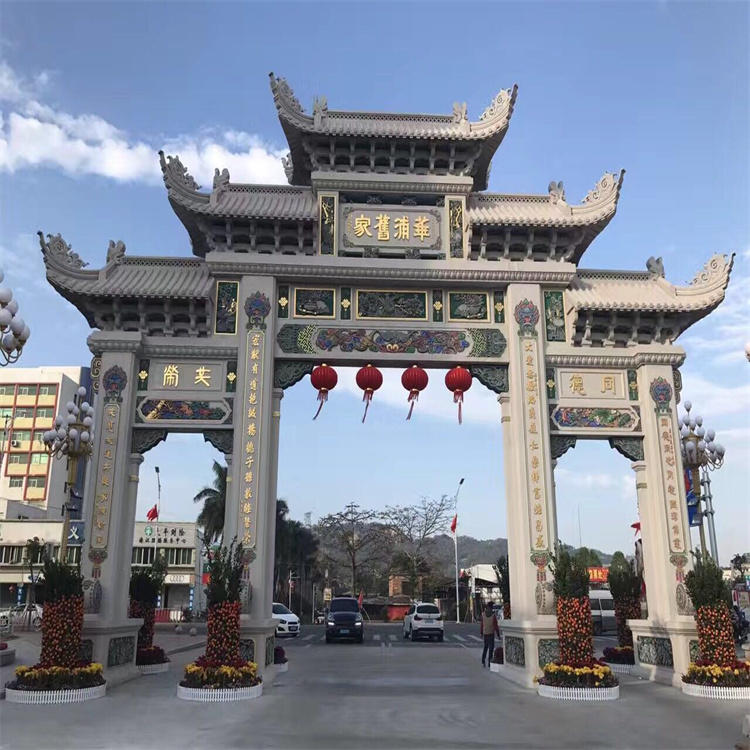 大理石浮雕石牌坊寺廟青石仿古山門鄉(xiāng)村路口三門五樓門牌樓